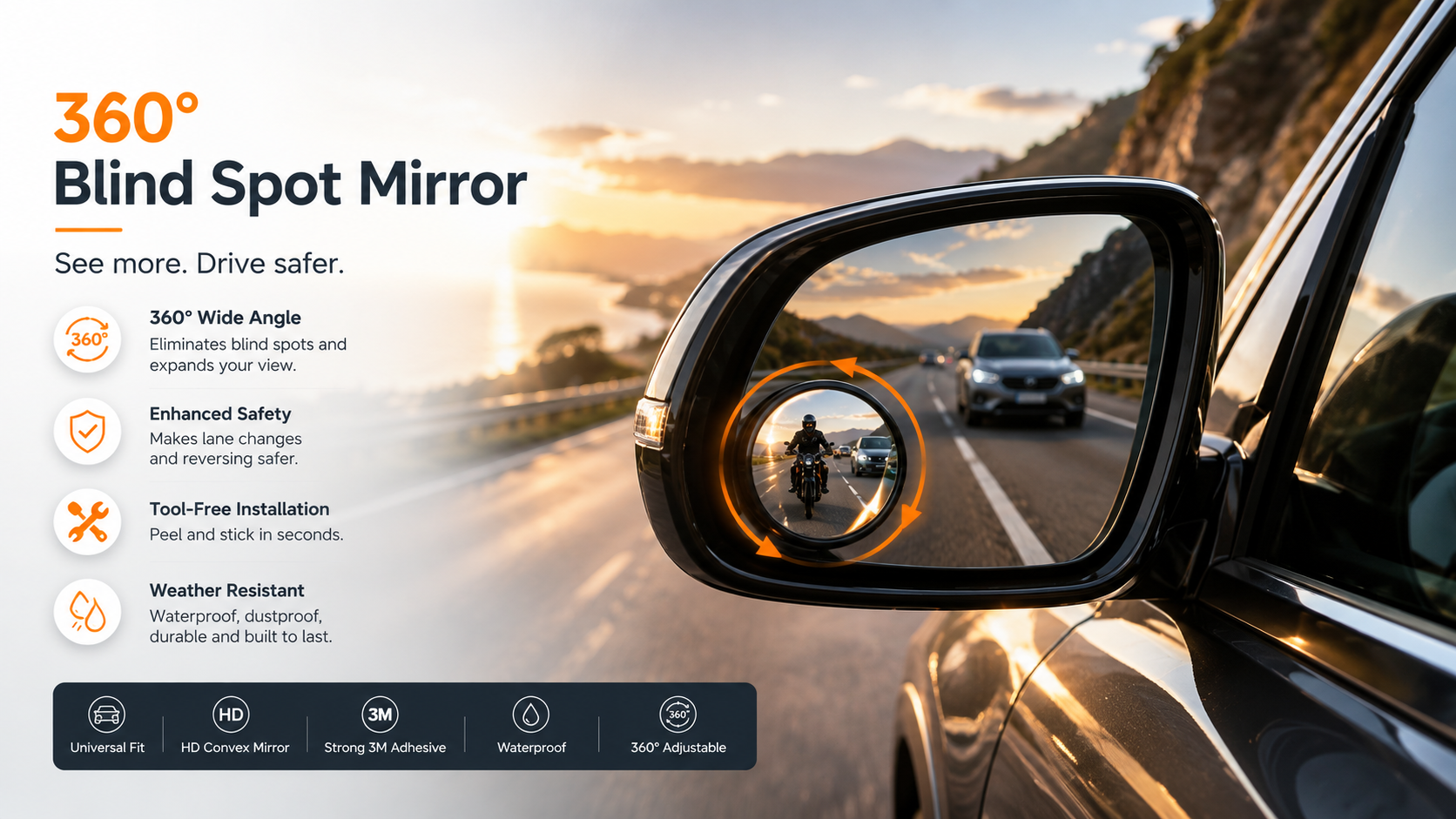 360 degree Blind Spot Round Wide Angle Adjustable Convex Rear View Mirror - Pack Of 2